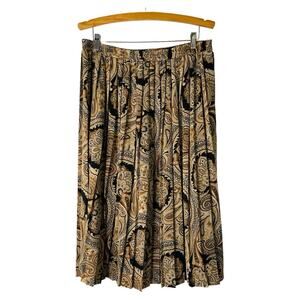Vintage tan black cream paisley pleated preppy office midi skirt 16